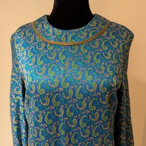 Vintage 1960s Smart Time Blue Green Gold House Dress Long Sleeve Faux Paisley